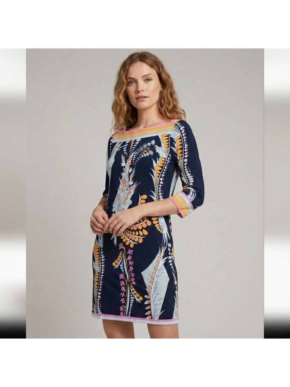 Ali Ro Blue White Sheath Dress Bishop Sleeves